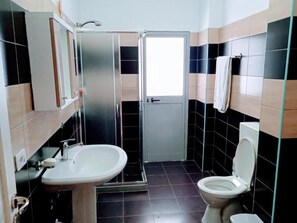Shower, hair dryer, towels