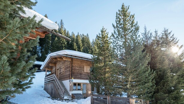 A wooden cabin with a snow-covered roof, surrounded by evergreen trees, and a wooden staircase leading to the entrance. - Hochfügenblick - Relaxation for Two (Hochfügen)