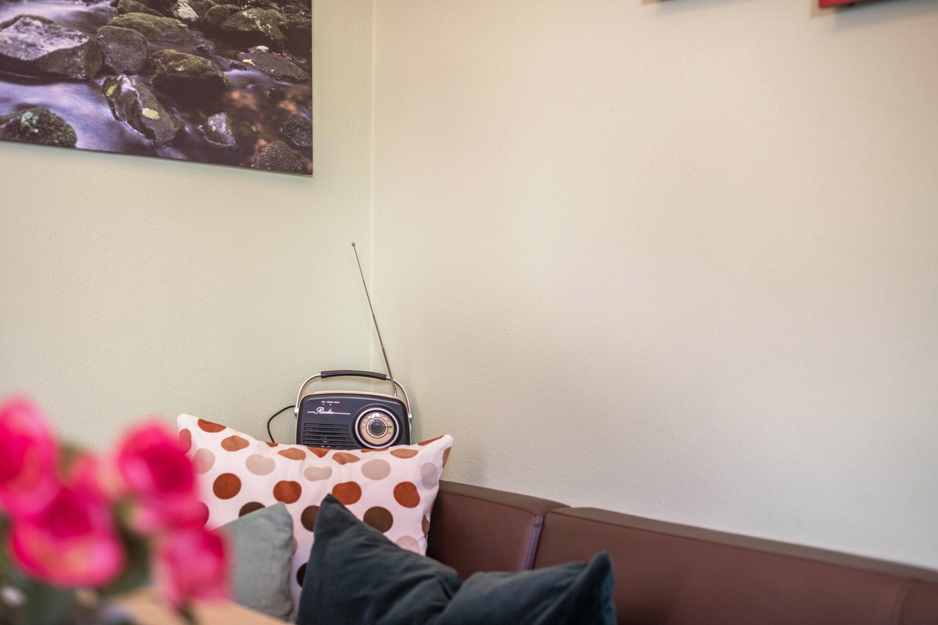 Une pièce avec une radio posée sur une table, un coussin à pois et un tableau accroché au mur.