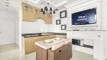 Fridge, microwave, rice cooker, cleaning supplies
