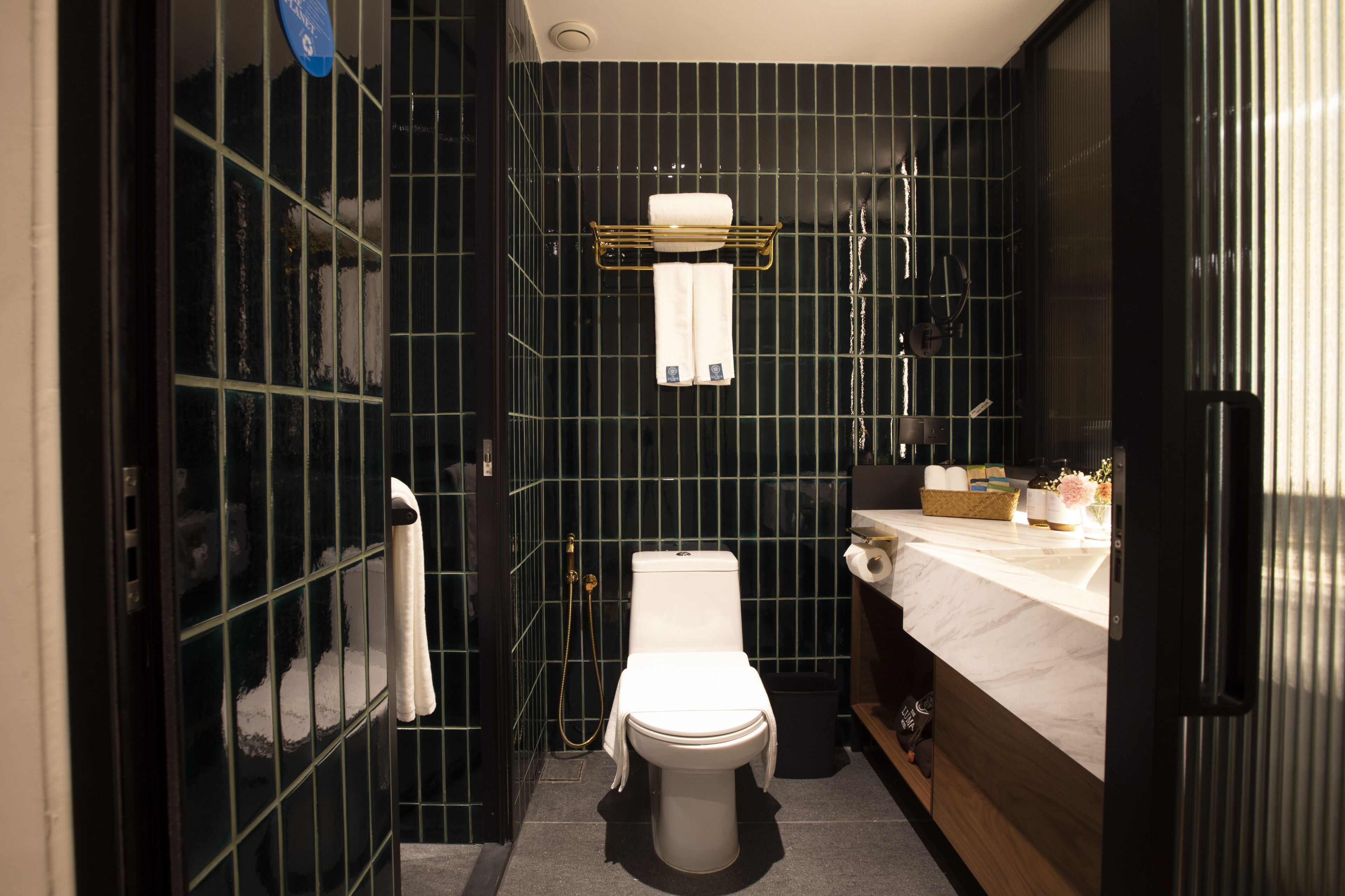 A modern bathroom with a toilet, sink, and shower area.