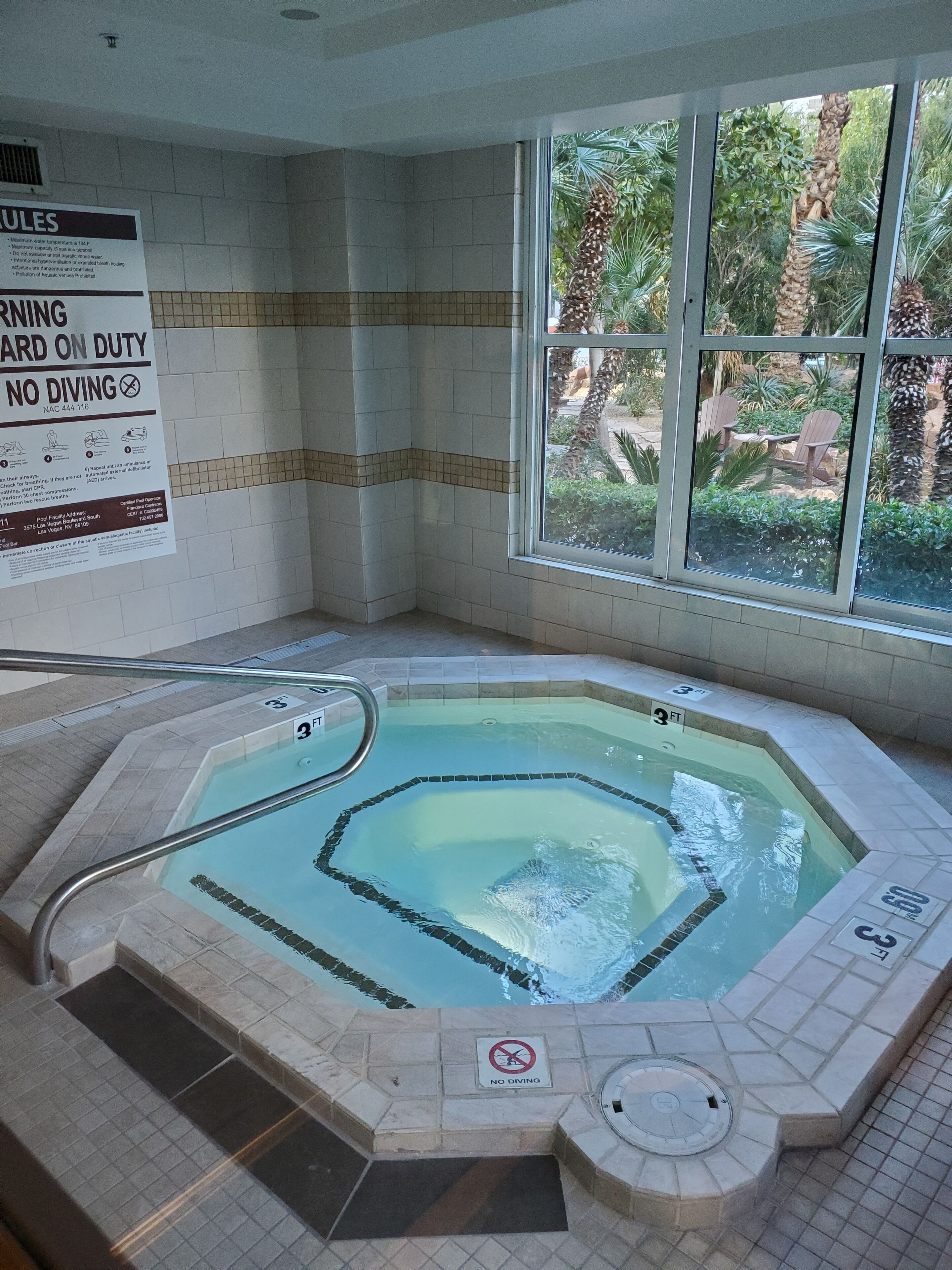 Uma banheira de hidromassagem com aviso de proibição de mergulhos, o endereço da instalação de piscina e vista para um jardim pela janela.