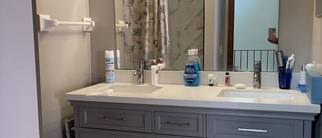 Combined shower/bathtub, bidet, soap, toilet paper