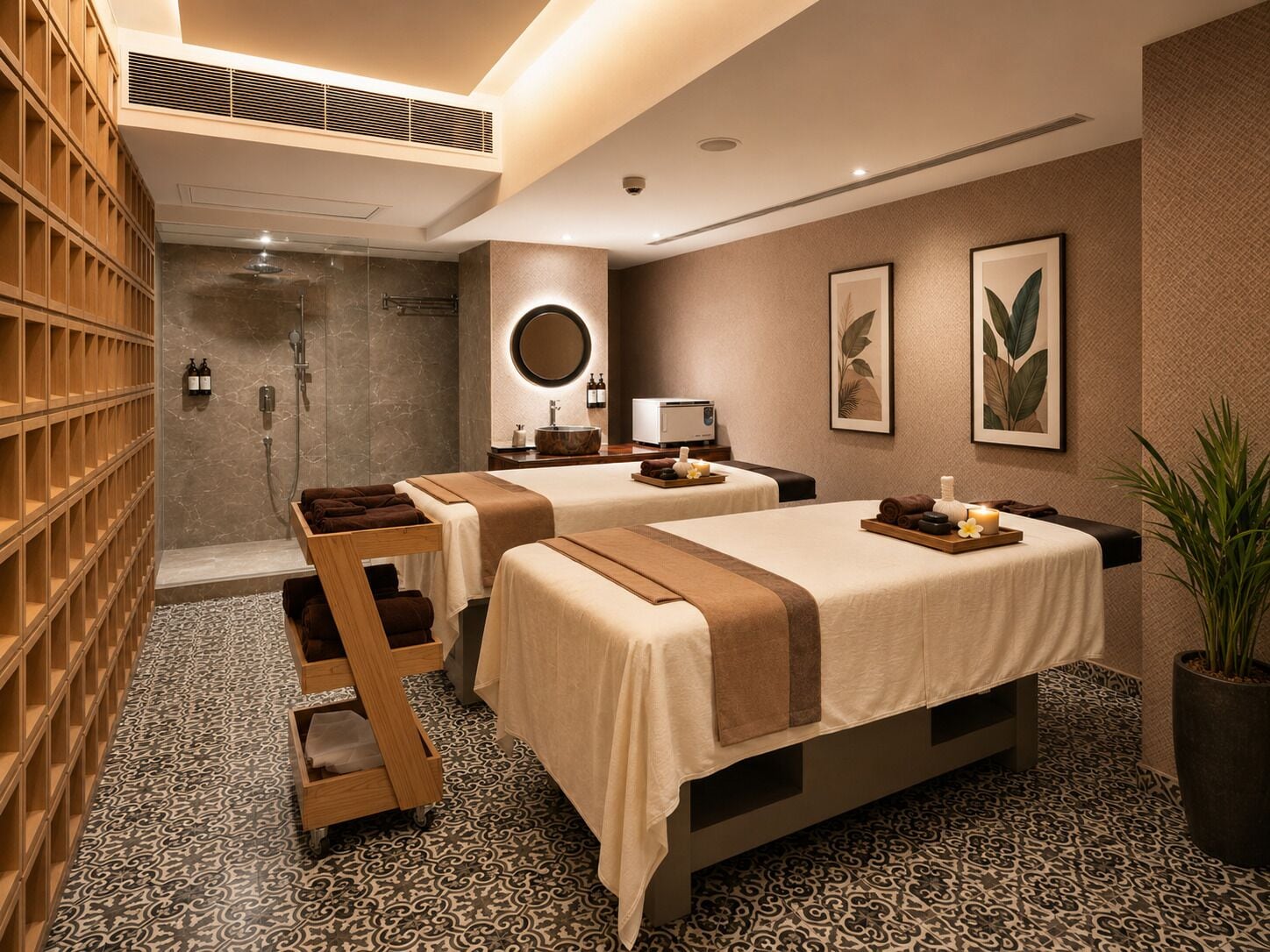 A spa room with two beds, a shower area, a wooden shelf, and a potted plant.