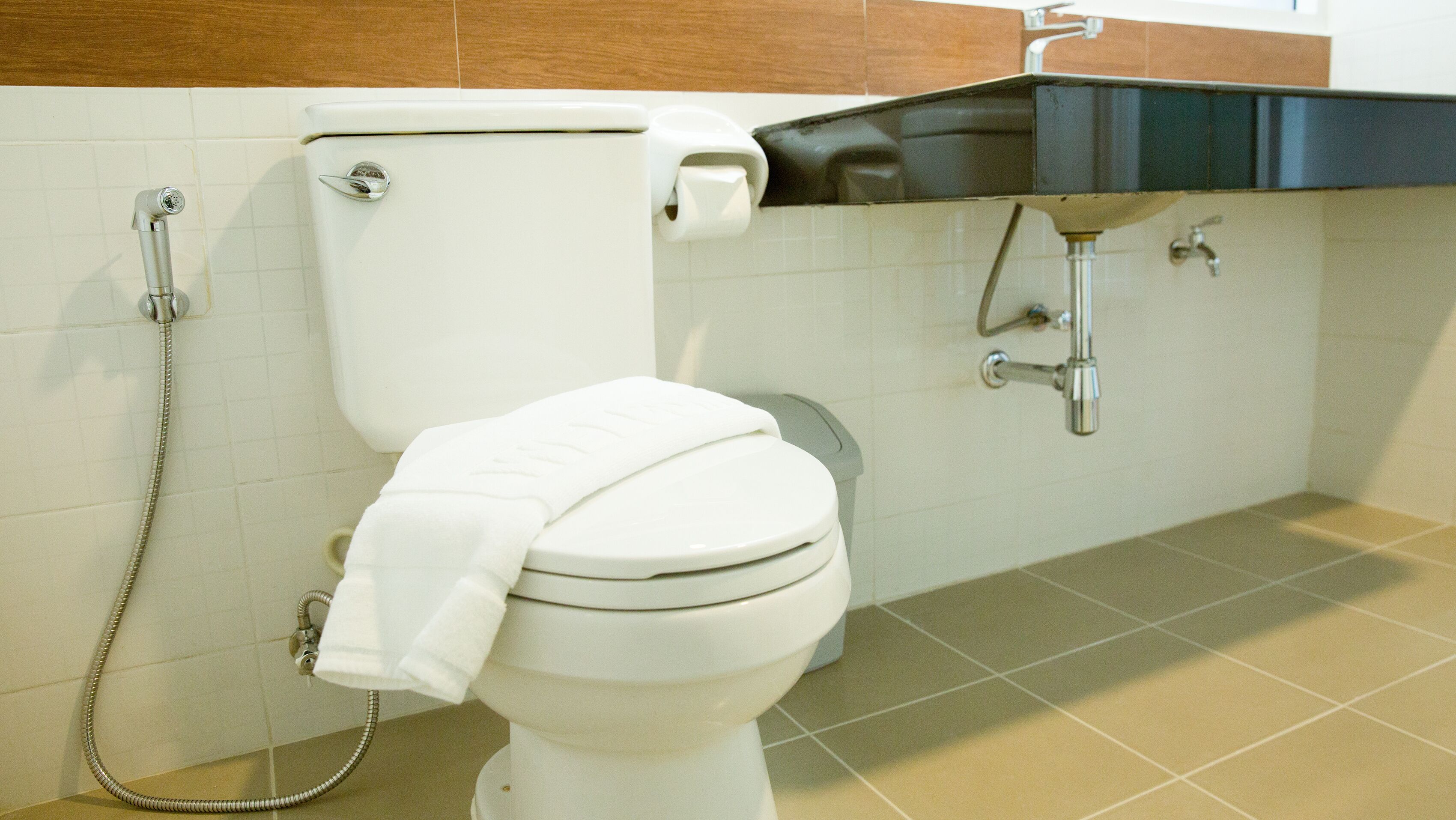 Un baño con inodoro, ducha y lavamanos.