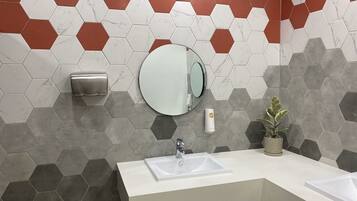 Shower, rainfall showerhead, slippers, bidet