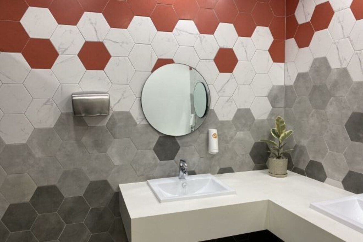 A modern bathroom with a white sink, a round mirror, a soap dispenser, and a potted plant.