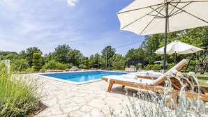 A swimming pool with lounge chairs and umbrellas, surrounded by stone tiles and greenery. - Pure relaxation - country house with pool (Karojba)