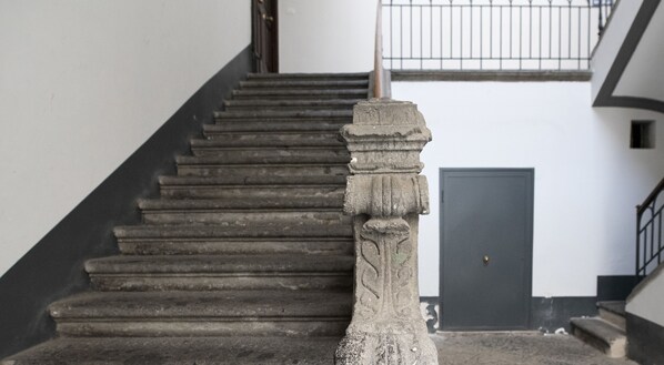 Una escalera de piedra con balaustrada que conduce a una puerta en la parte superior.