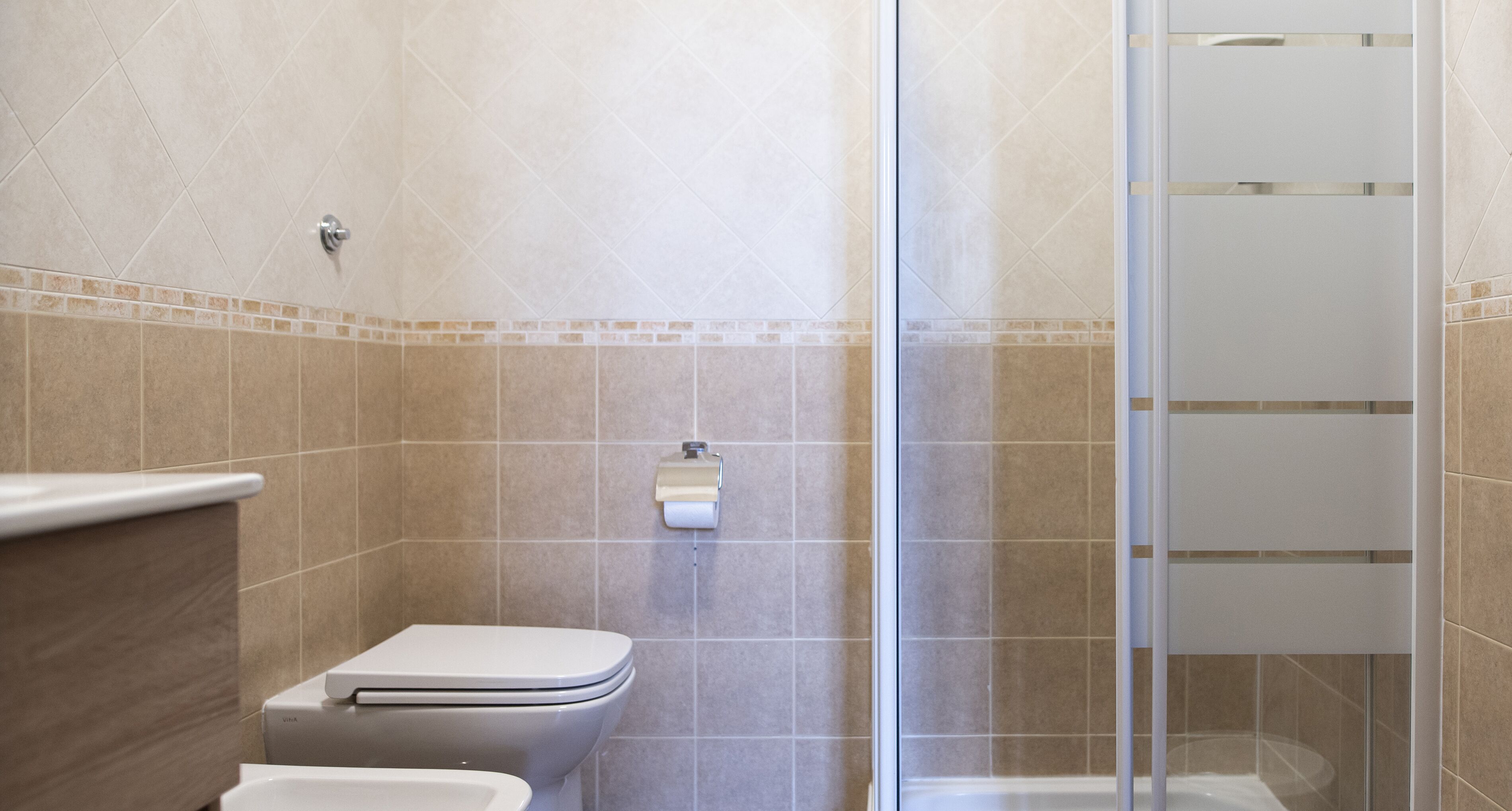 Une salle de bain comprenant des toilettes, une douche et un porte-serviettes.