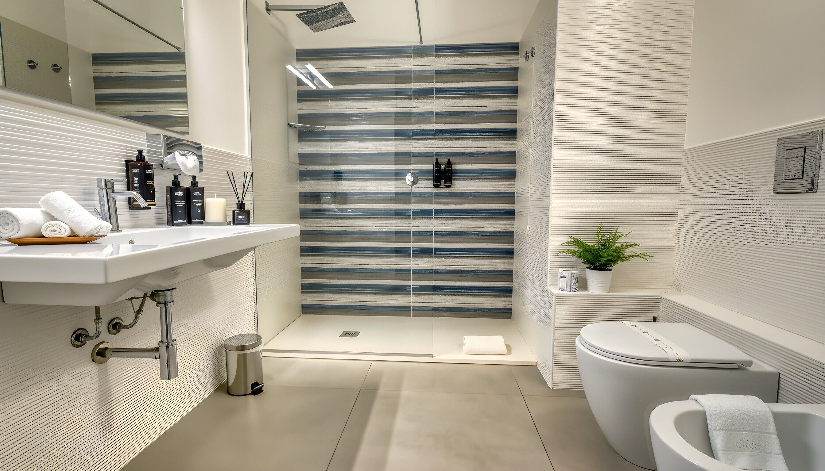 A modern bathroom with a white sink, a toilet, and a shower area.