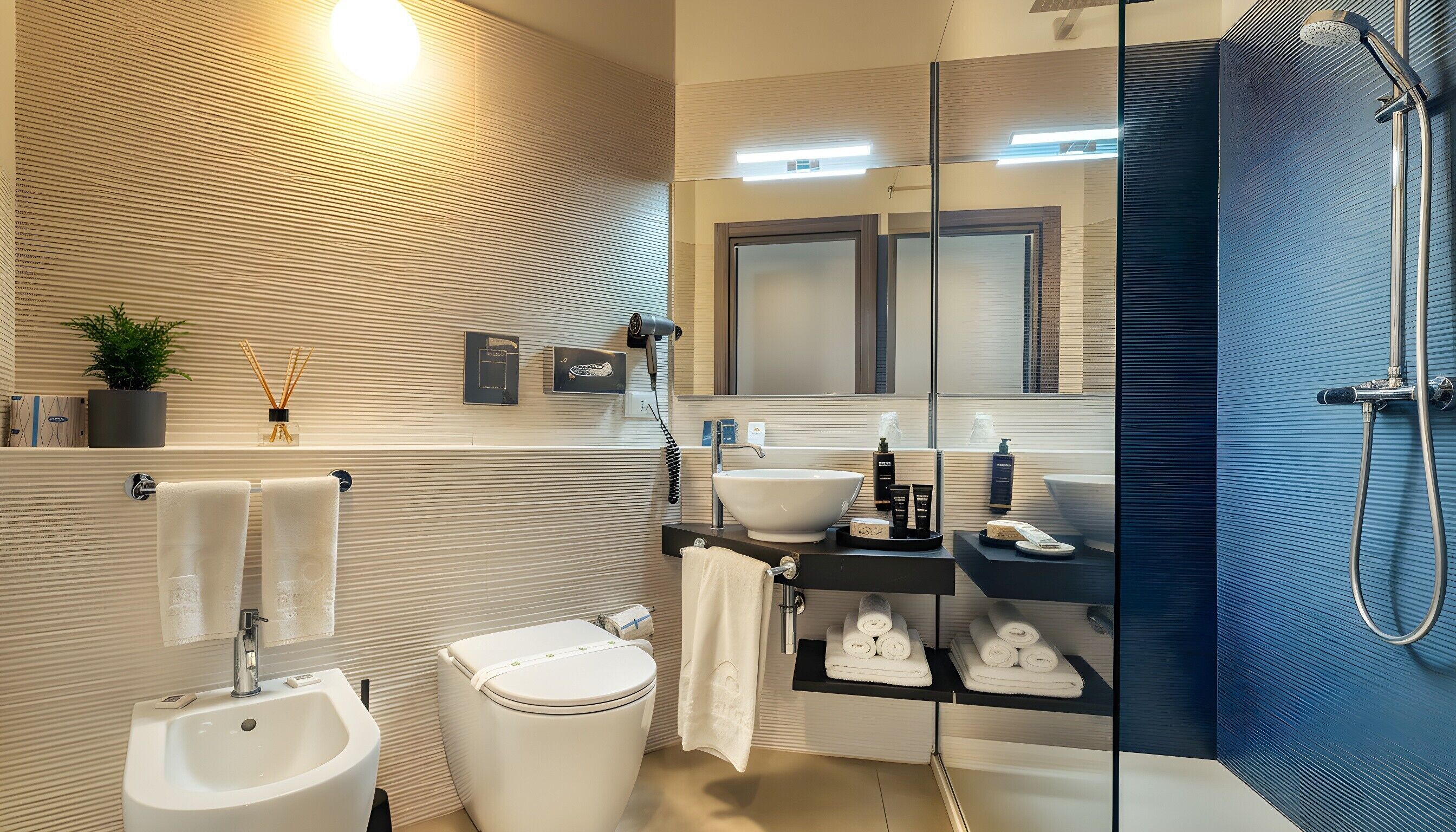 Une salle de bain moderne équipée d’un bidet, de toilettes, d’un lavabo et d’une douche.