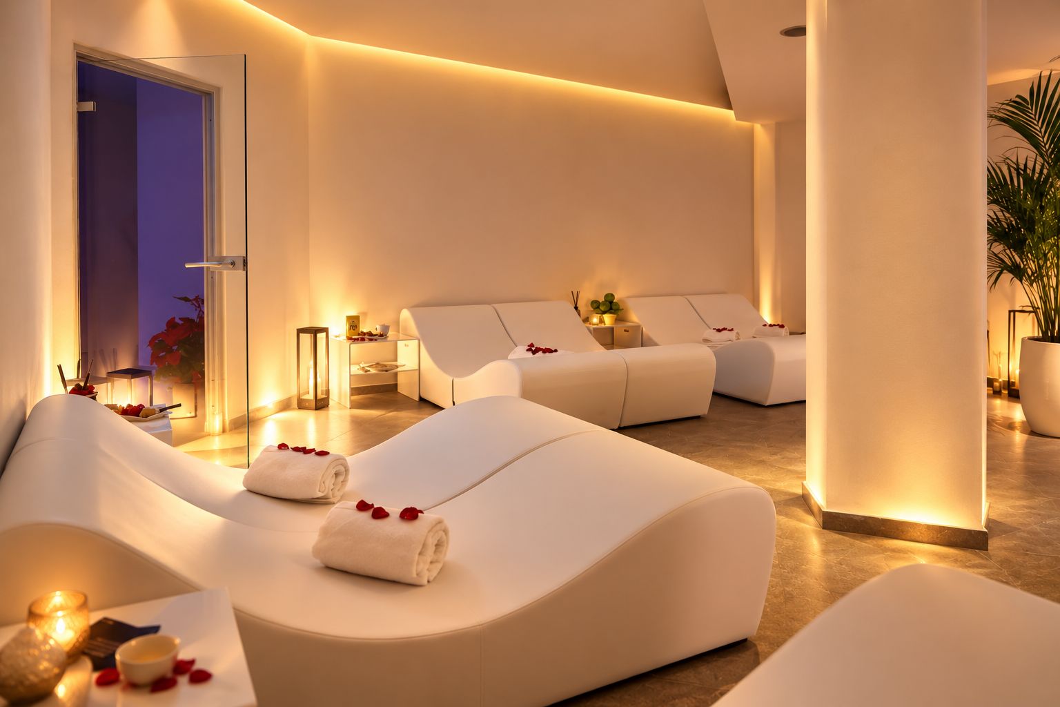A spa room with multiple reclining chairs, a massage table, and a small reception area.