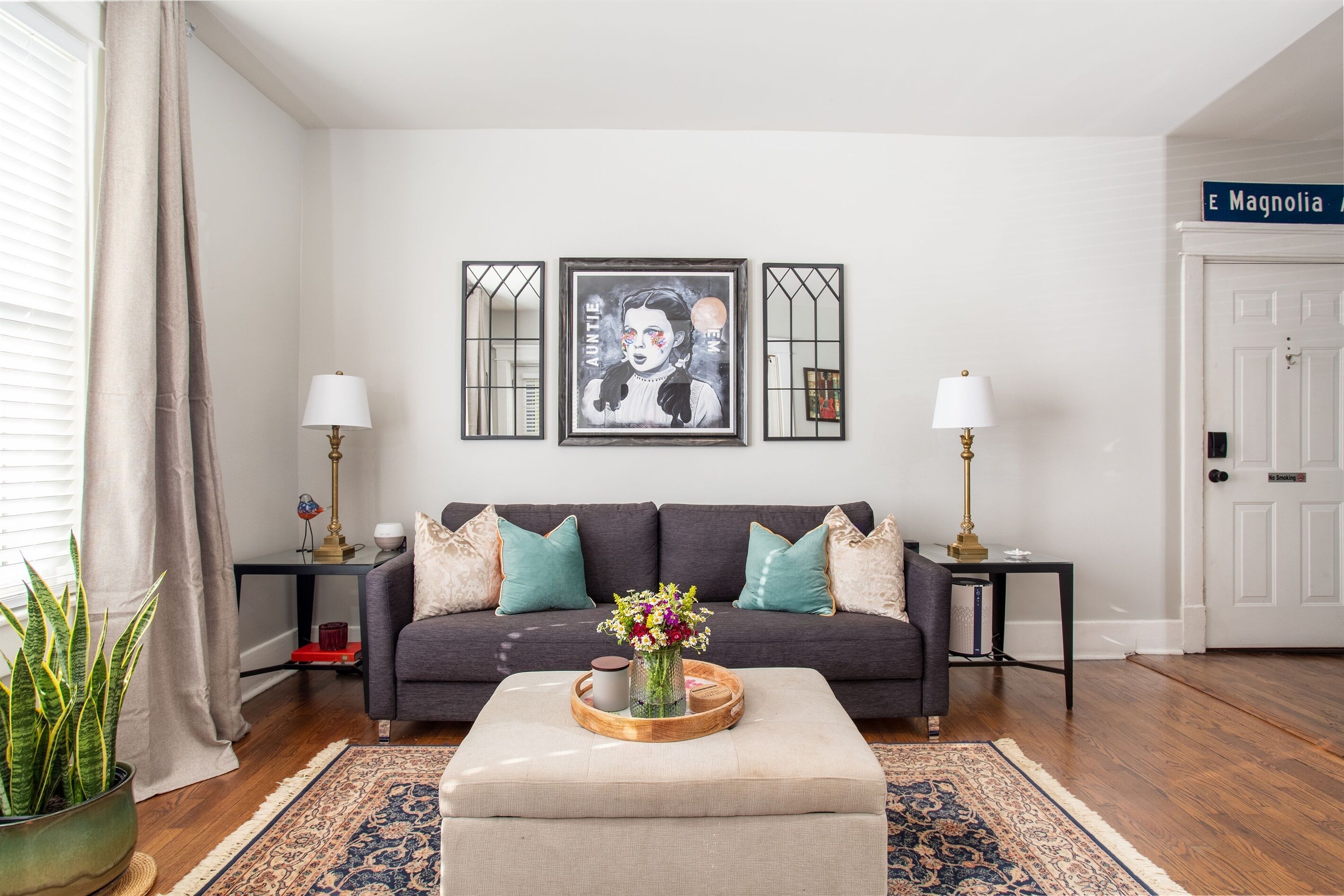 Smart TV, fireplace, books, music library