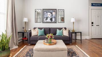 Smart TV, fireplace, books, music library