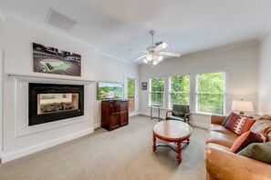 Smart TV, fireplace, books, offices