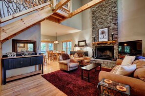 Smart TV, fireplace, books