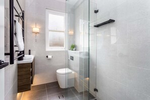 Shower, hair dryer, towels