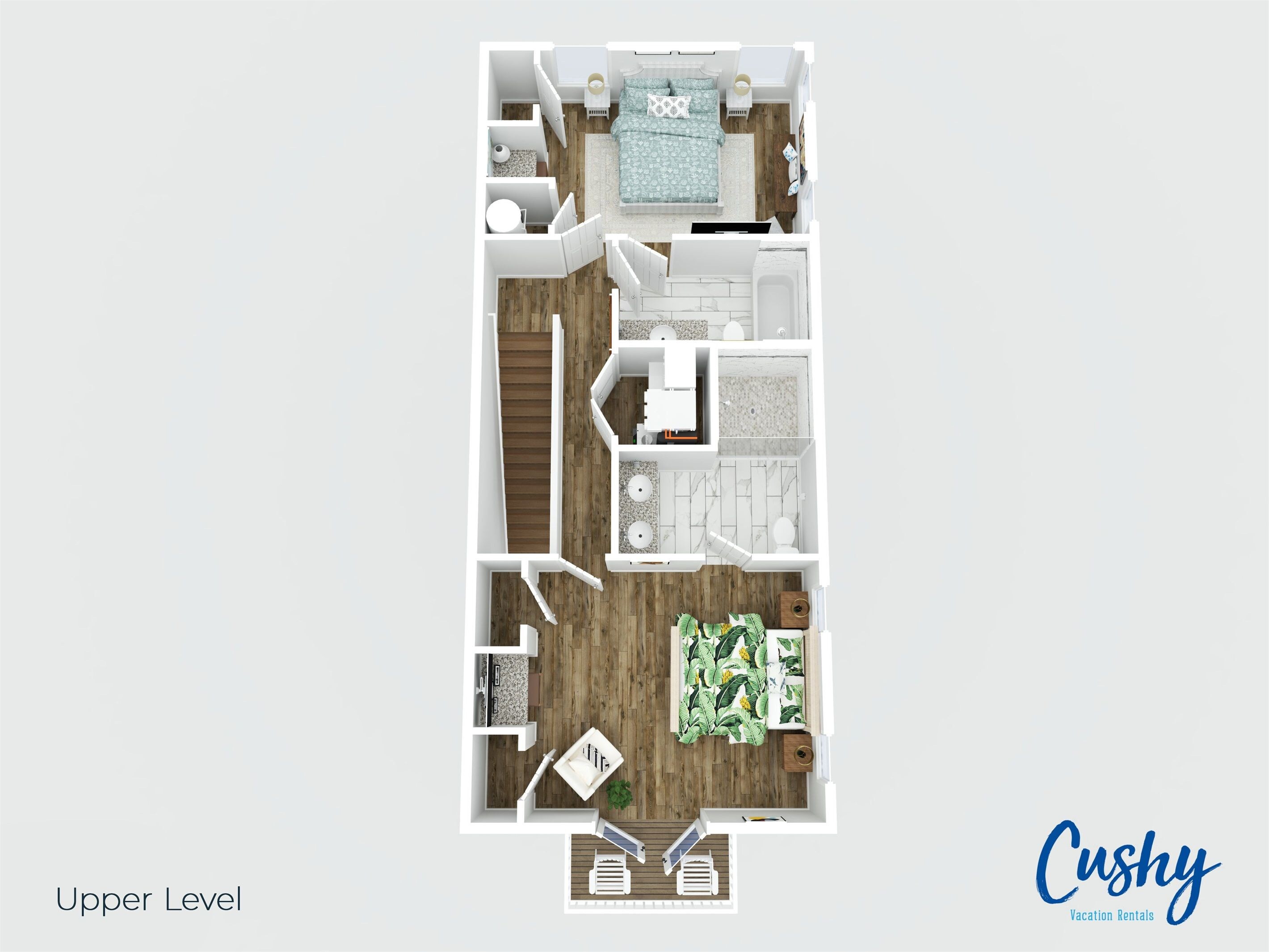 Plano de planta de un apartamento moderno con sala de estar, cocina, baño y dos dormitorios.