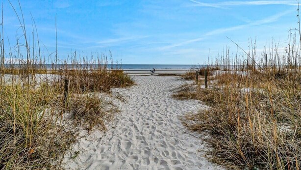 A sandy beach path with tall grasses on either side leading to the ocean. - Soak Up the Ocean Air Seaside Villa Stay Near the Sand (Hilton Head Island)