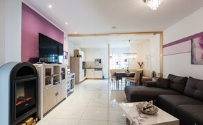 Smart TV, fireplace, DVD player, books