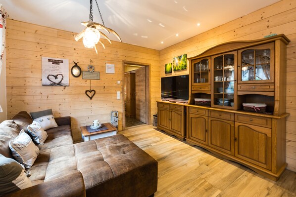 Smart TV, fireplace, DVD player, books