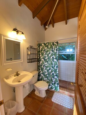 Douche, sèche-cheveux, serviettes fournies, savon