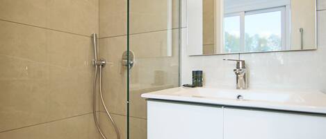 A modern bathroom with a glass shower enclosure, a white sink, and a large mirror.