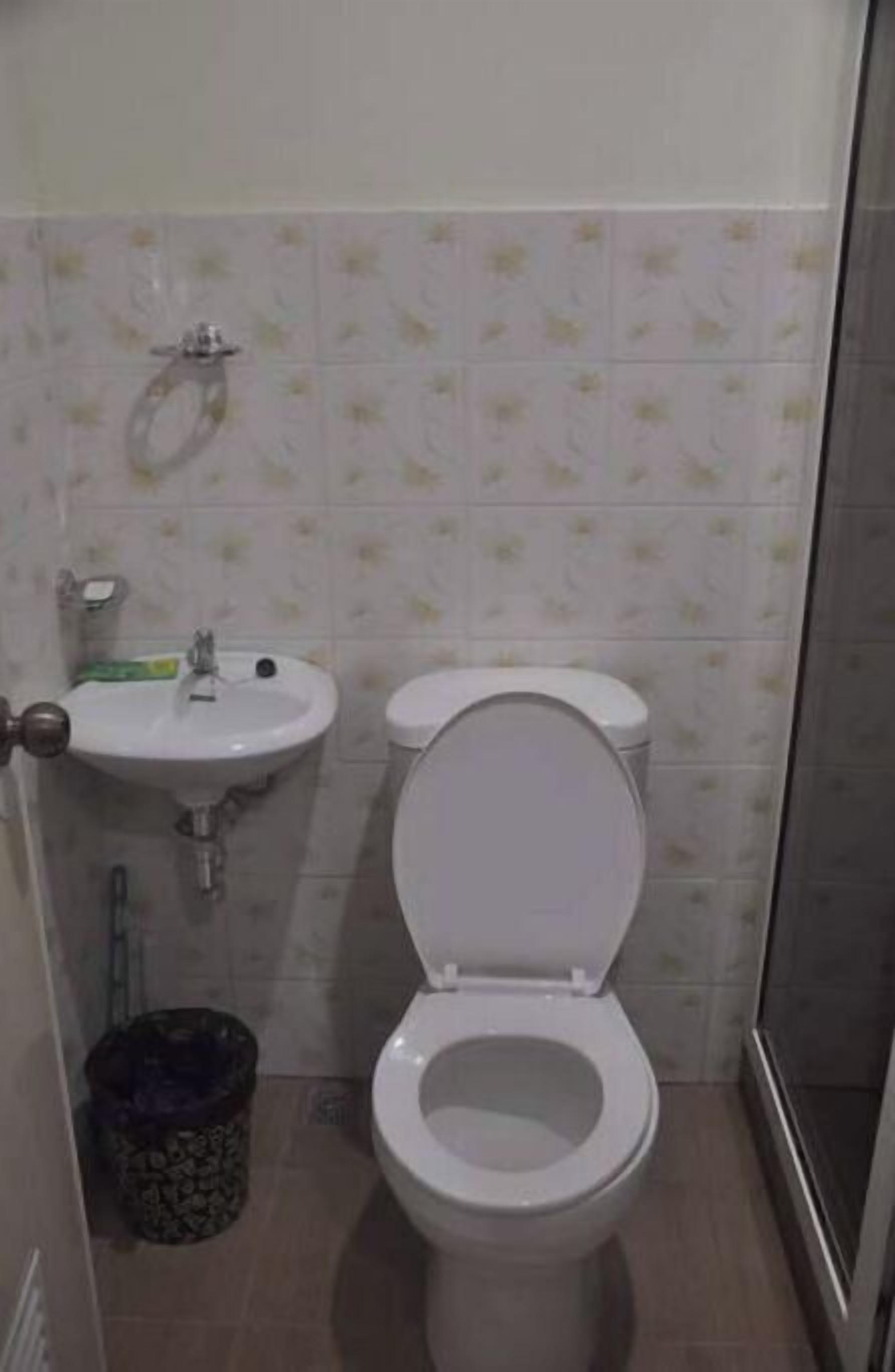 Une petite salle de bain avec des toilettes, un lavabo et une poubelle.