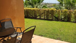 A patio with a table and chairs, a well-maintained lawn, and a view of palm trees and distant hills.
