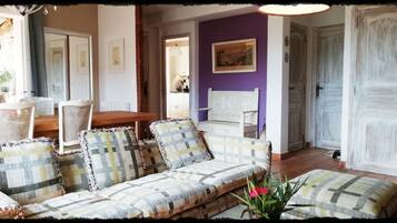 Télévision, cheminée, lecteur de DVD, baby-foot