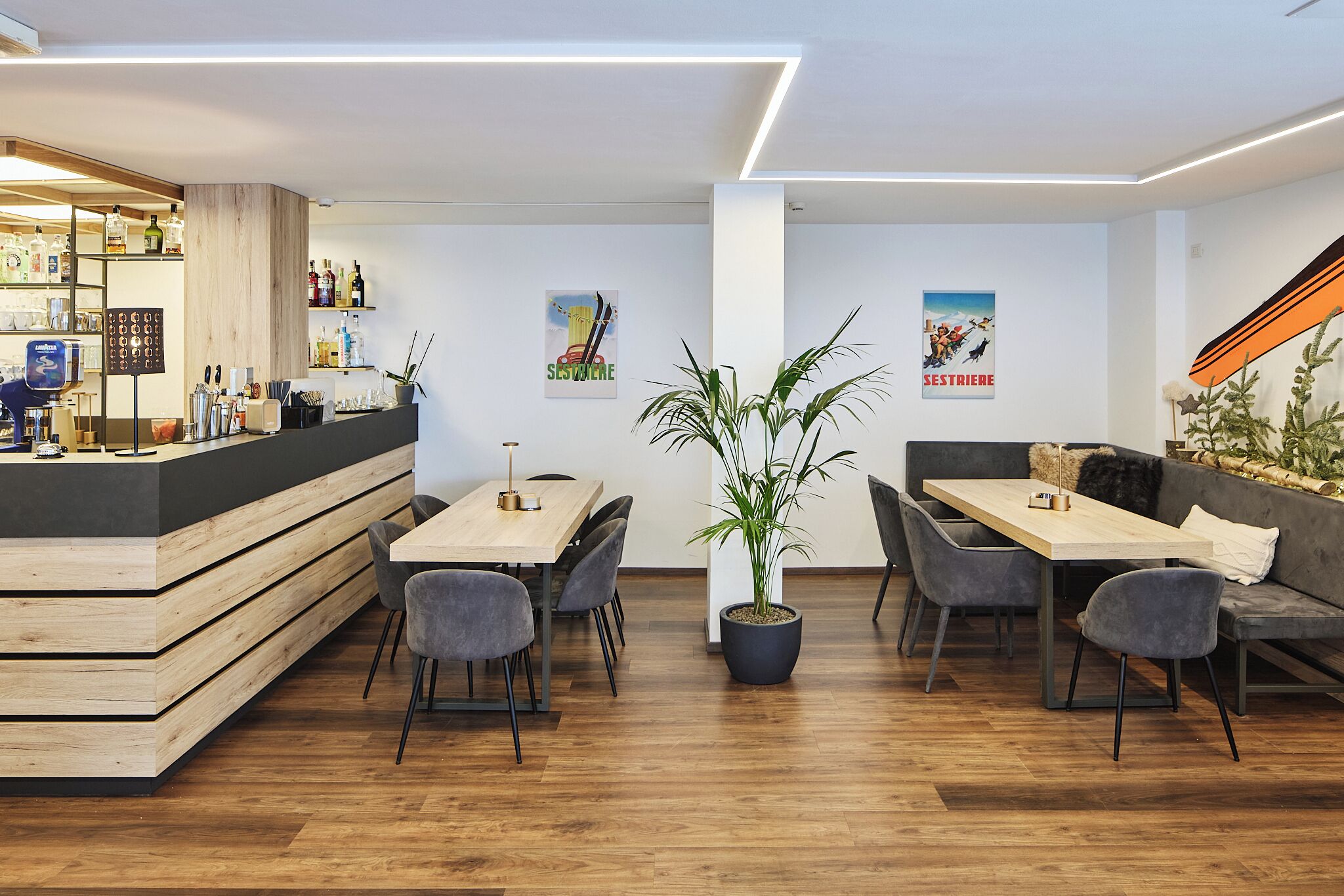 A modern bar area with a wooden counter, seating with grey chairs, a central potted plant, and wall art.