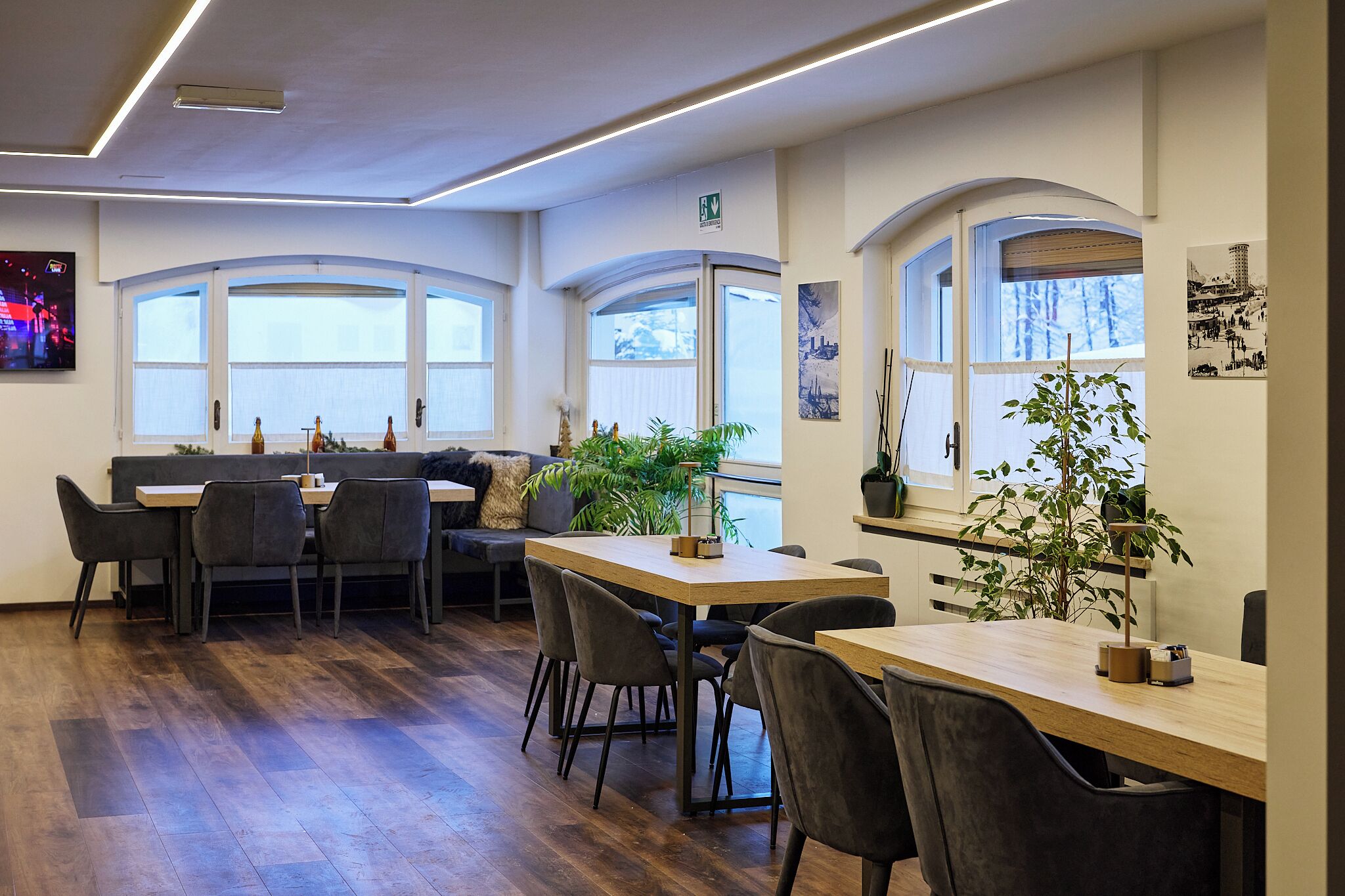 Ett modernt matområde med trägolv, grå klädda stolar och bord. Stora fönster släpper in naturligt ljus, och krukväxter bidrar med grönska.