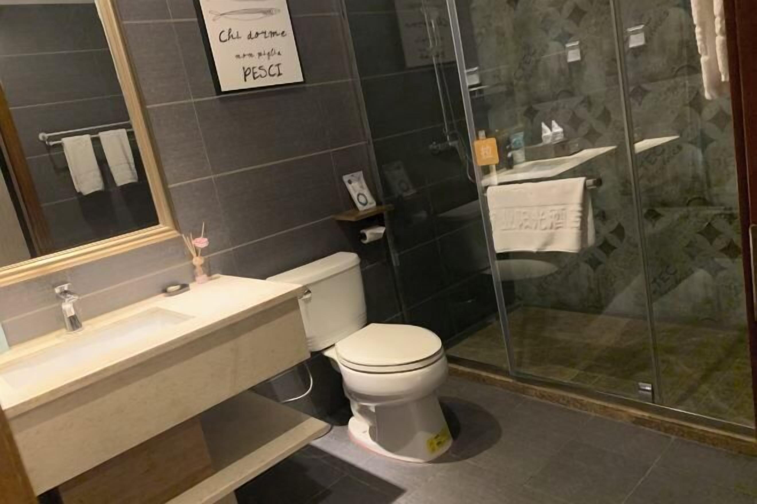 A modern bathroom with a glass shower enclosure, a white toilet, and a vanity with a mirror.