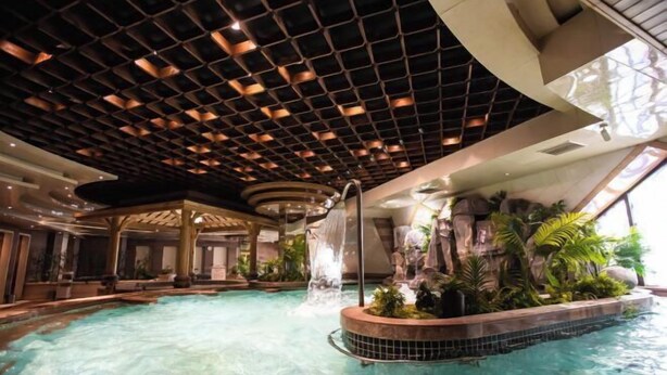 Une piscine intérieure agrémentée d’une cascade, entourée de plantes tropicales et dotée d’un plafond au design moderne.