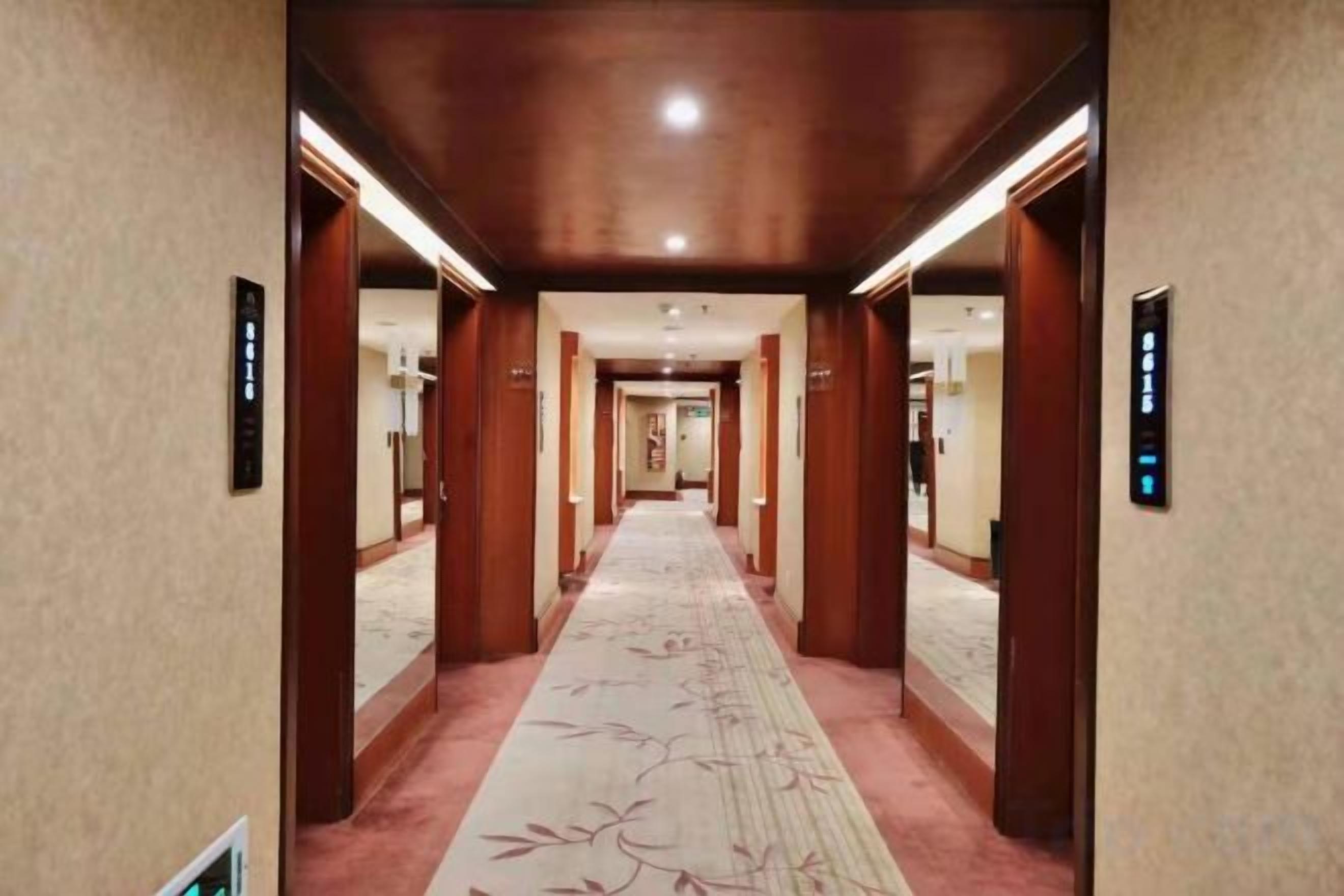 A hotel hallway with a carpeted floor, wooden doors, and a long corridor leading to a room.