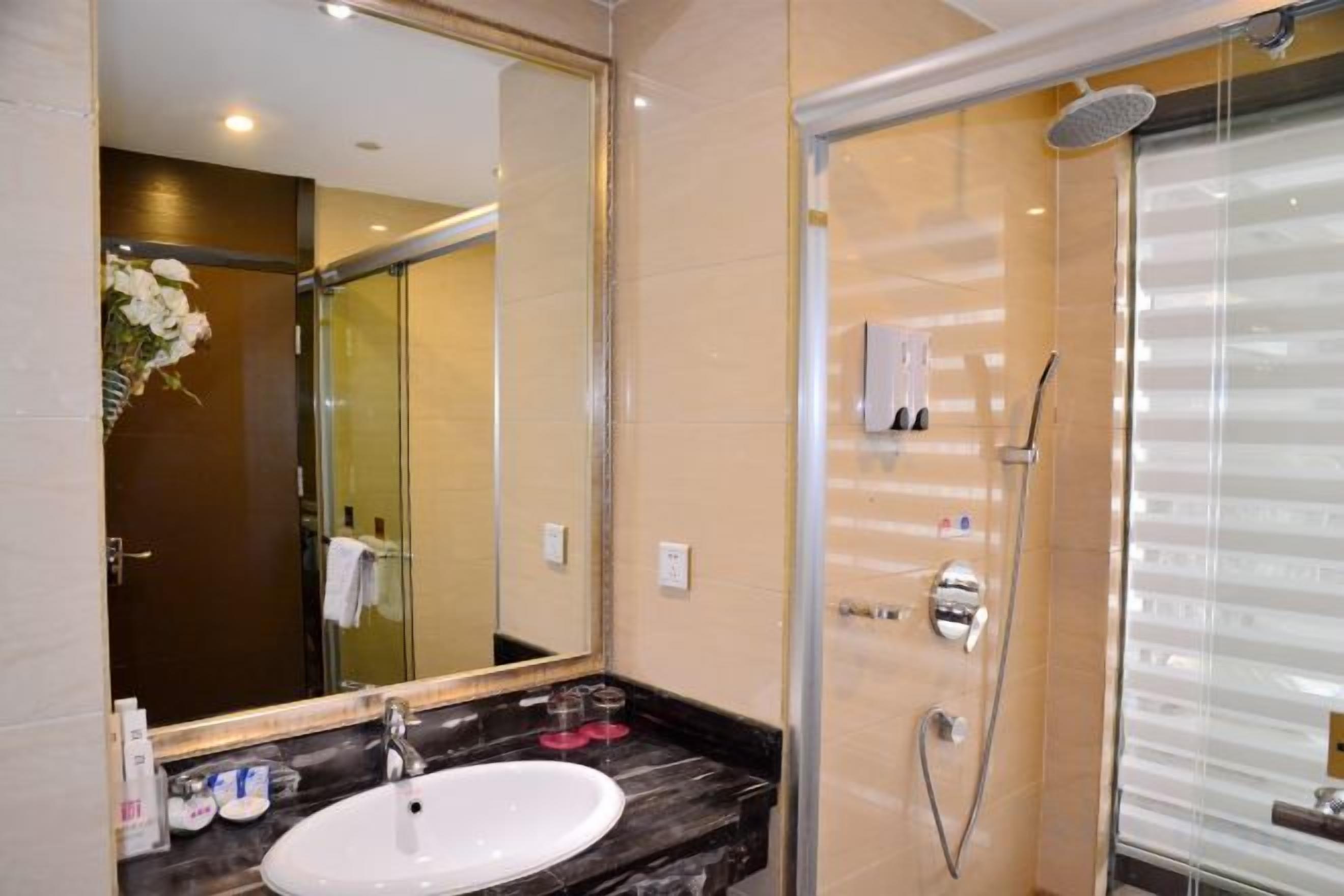 Une salle de bain avec un grand miroir, un lavabo et une douche.