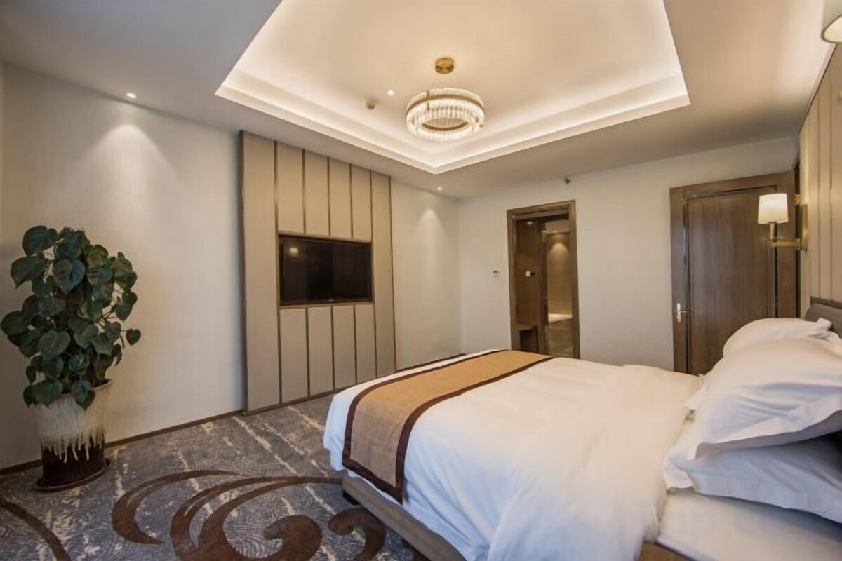 A hotel room with a bed, a television, a potted plant, and a door.