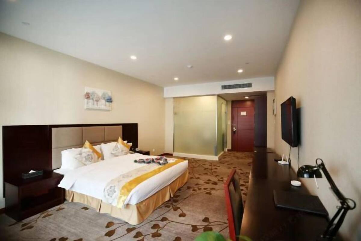 A hotel room with a bed, bedside table, TV, desk, and a carpeted floor.