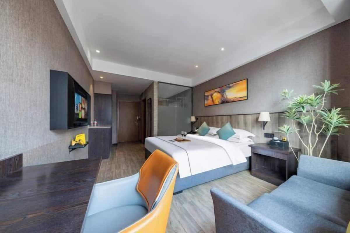 A modern hotel room with a bed, a seating area with chairs, a TV mounted on the wall, and a plant.