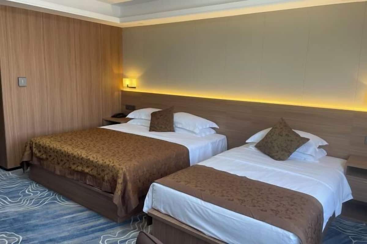 A hotel room with two beds, wooden paneling on the walls, a patterned carpet, and a nightstand with a lamp.