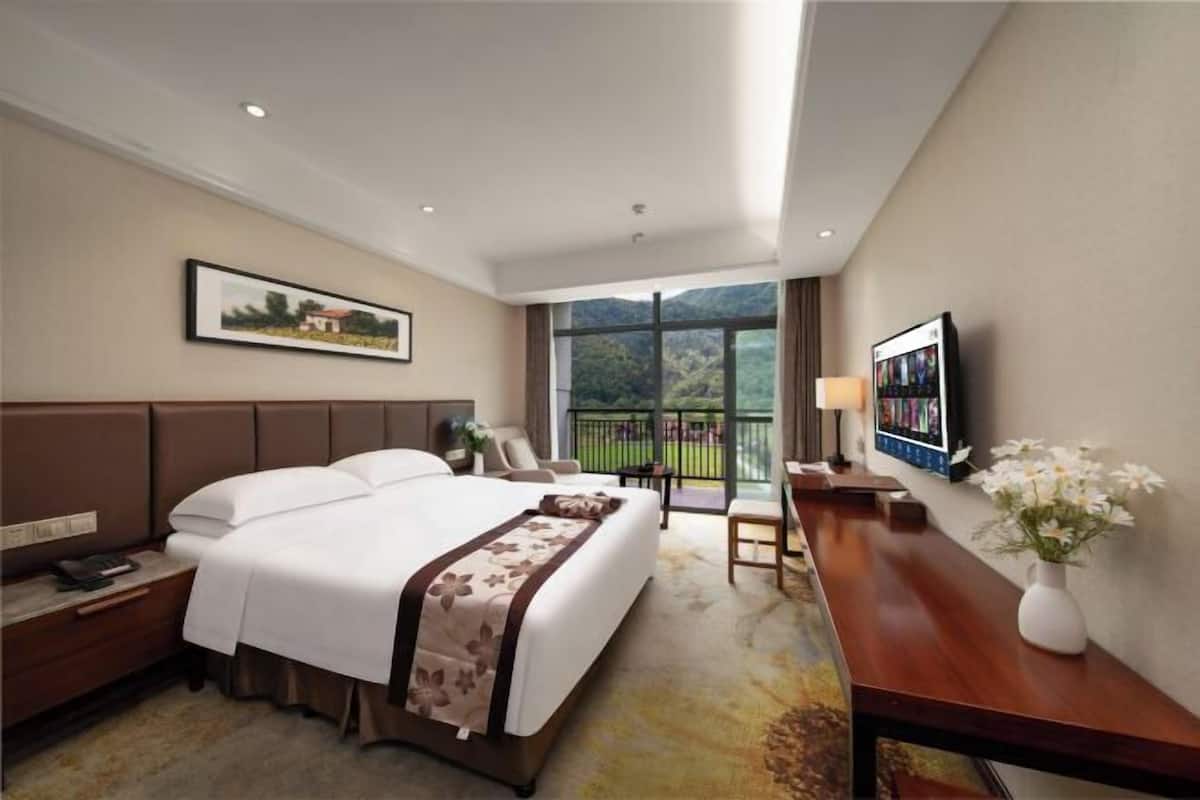 A hotel room with a large bed, a desk, a chair, a TV, and a balcony with a view.