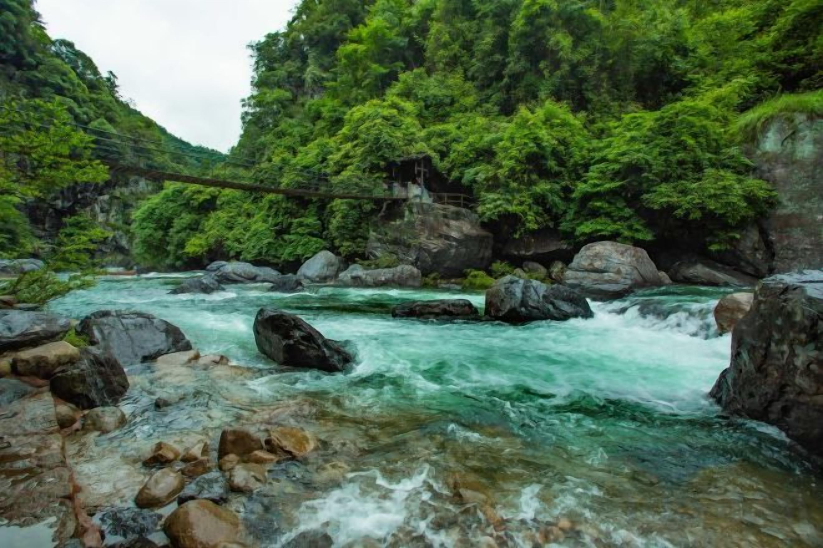 A river flowing through a rocky landscape with dense greenery.