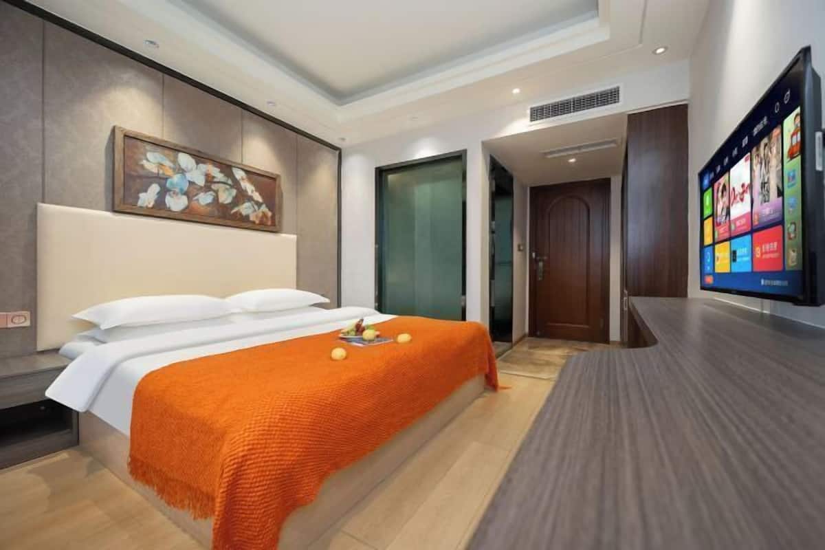 Habitación de hotel moderna con cama, televisión, un cuadro y una puerta.