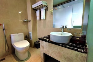 A bathroom with a toilet, a sink, and a mirror.