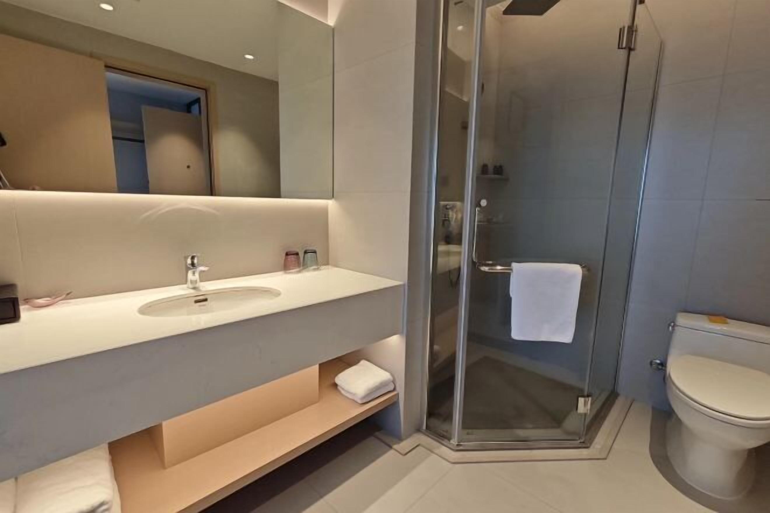 Een moderne badkamer met een douche met glazen wand, een witte wastafel en een toilet.