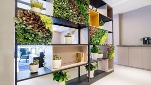 A modern interior with a black shelving unit displaying various potted plants. - Jiatai Chain Business Hotel (Zhuanghe High-speed Railway Station) (Zhuanghe)