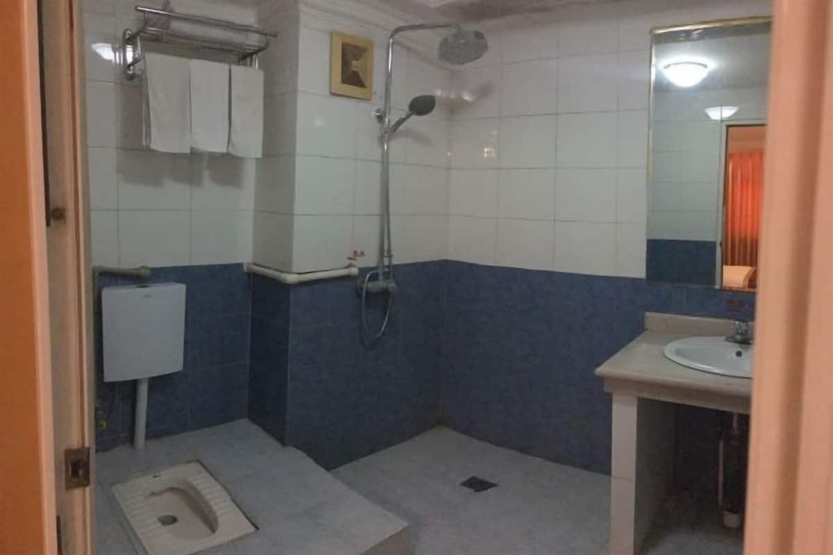 A small bathroom with a toilet, a sink, and a shower.