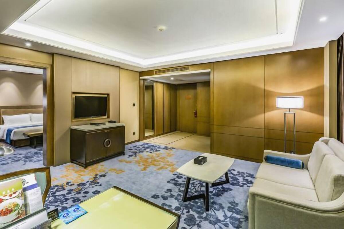 A hotel room with a bed, a TV, a desk, a sofa, and an elevator.