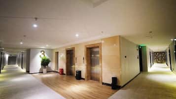 Een hotelgangen met een houten vloer, een kamerplant en een lift.